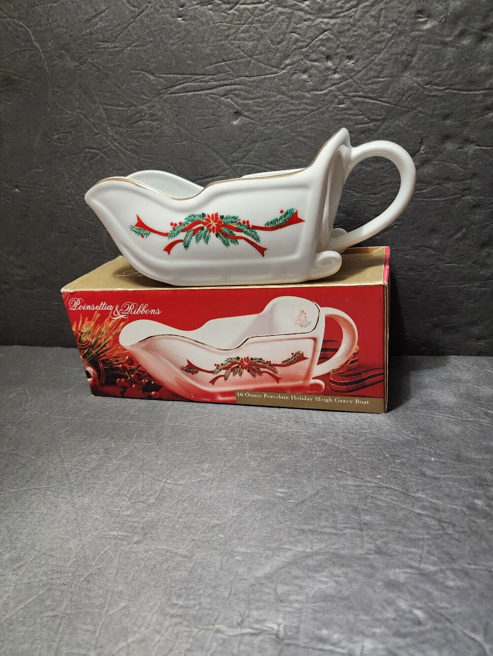 Vintage POINSETTIA & RIBBONS Holiday Sleigh Gravy Boat